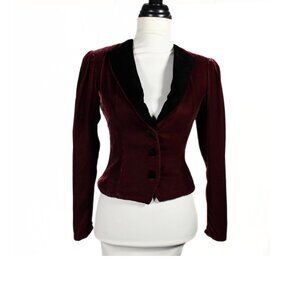 Vintage 1980s Burgundy Velvet Blazer – 40s Style w/ Black Velvet Details Size 4